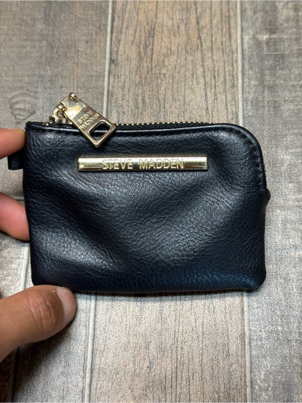 Steve Madden Black Leather Card Pouch with Gold Zip Pull